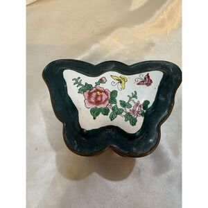 Vintage Butterfly Enamel Metal Decorated Jewelry Trinket Box Hand Painted Floral